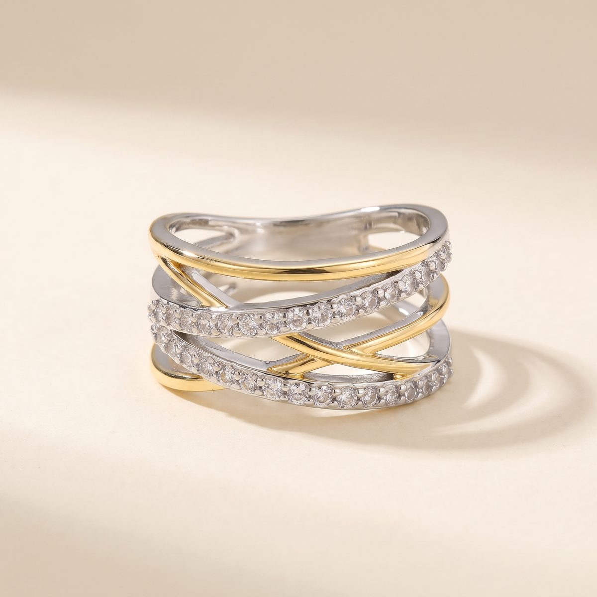 Two-Tone Crossover Band Ring with Zircon – Albella Jewelry