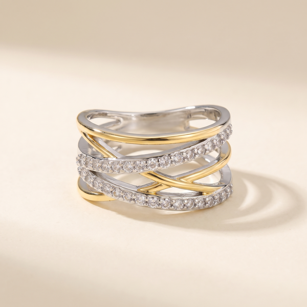 Two-Tone Crossover Band Ring with Zircon – Albella Jewelry