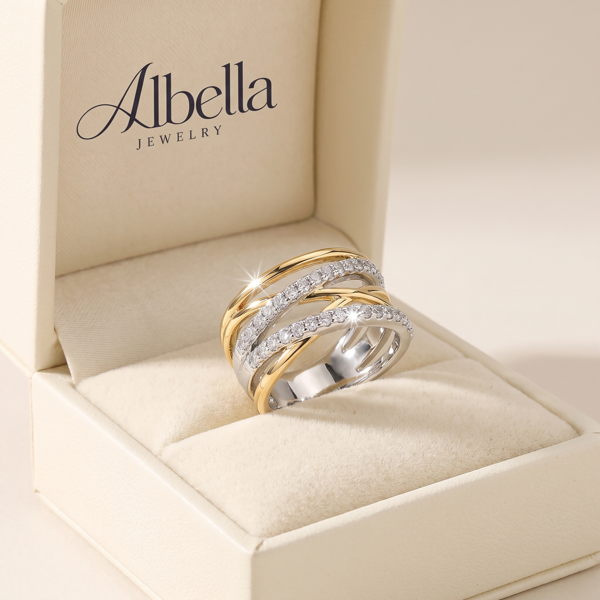 Two-Tone Crossover Band Ring with Zircon in Albella Jewelry gift box