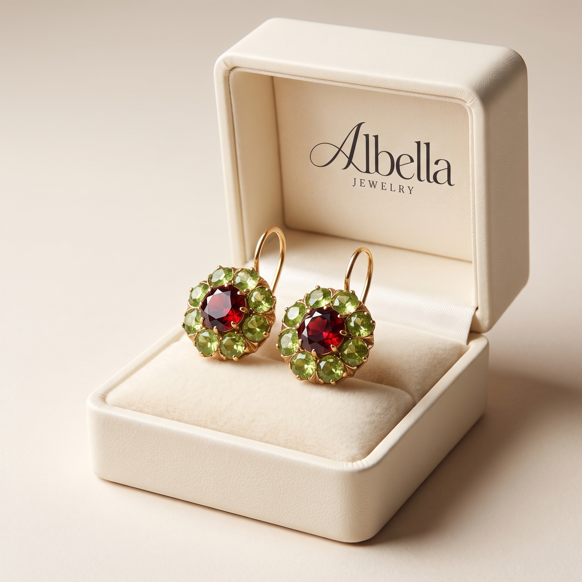 Chic Round Earrings with Green and Red Crystals in Albella Jewelry gift box