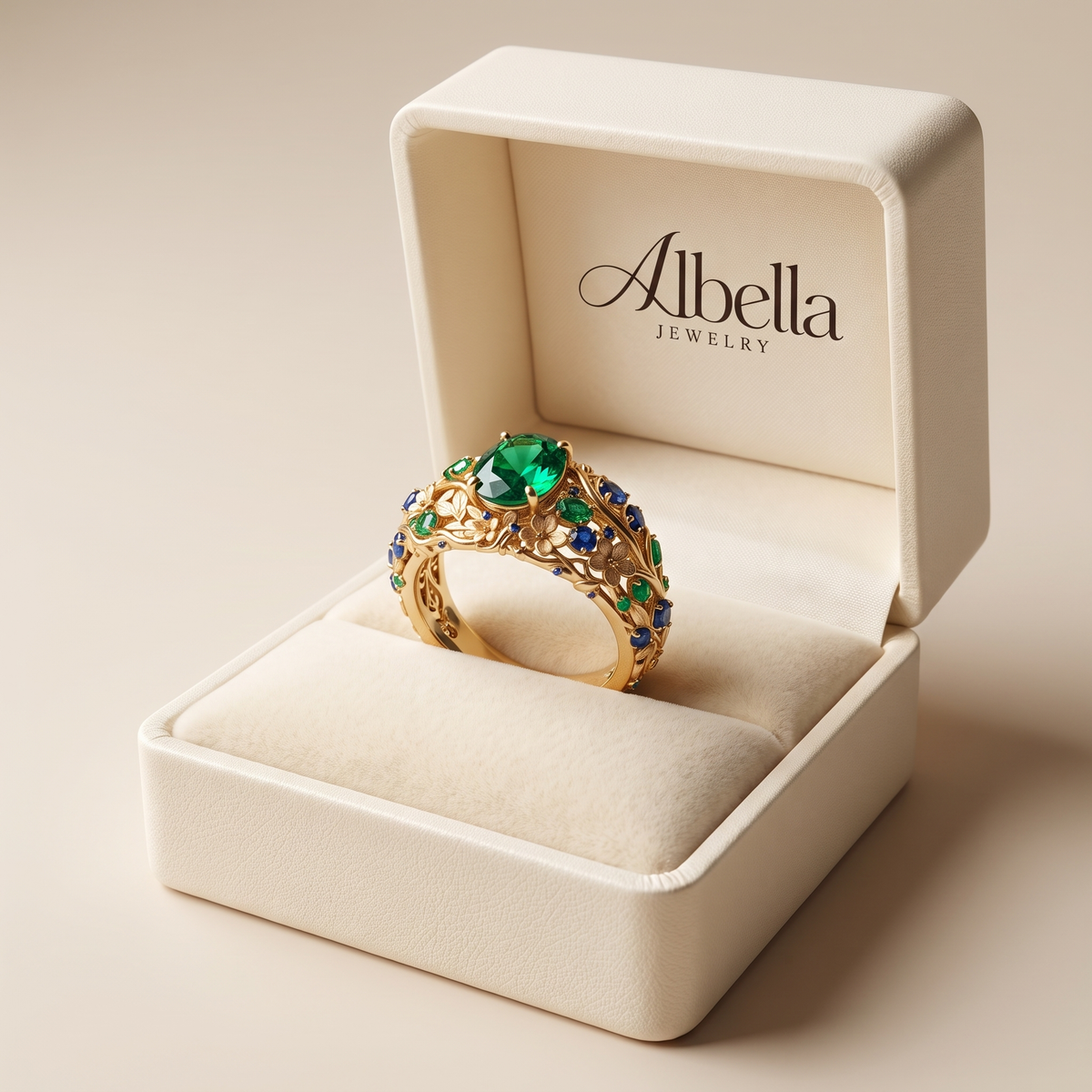 Luxe Emerald and Sapphire Ring in Albella Jewelry gift box