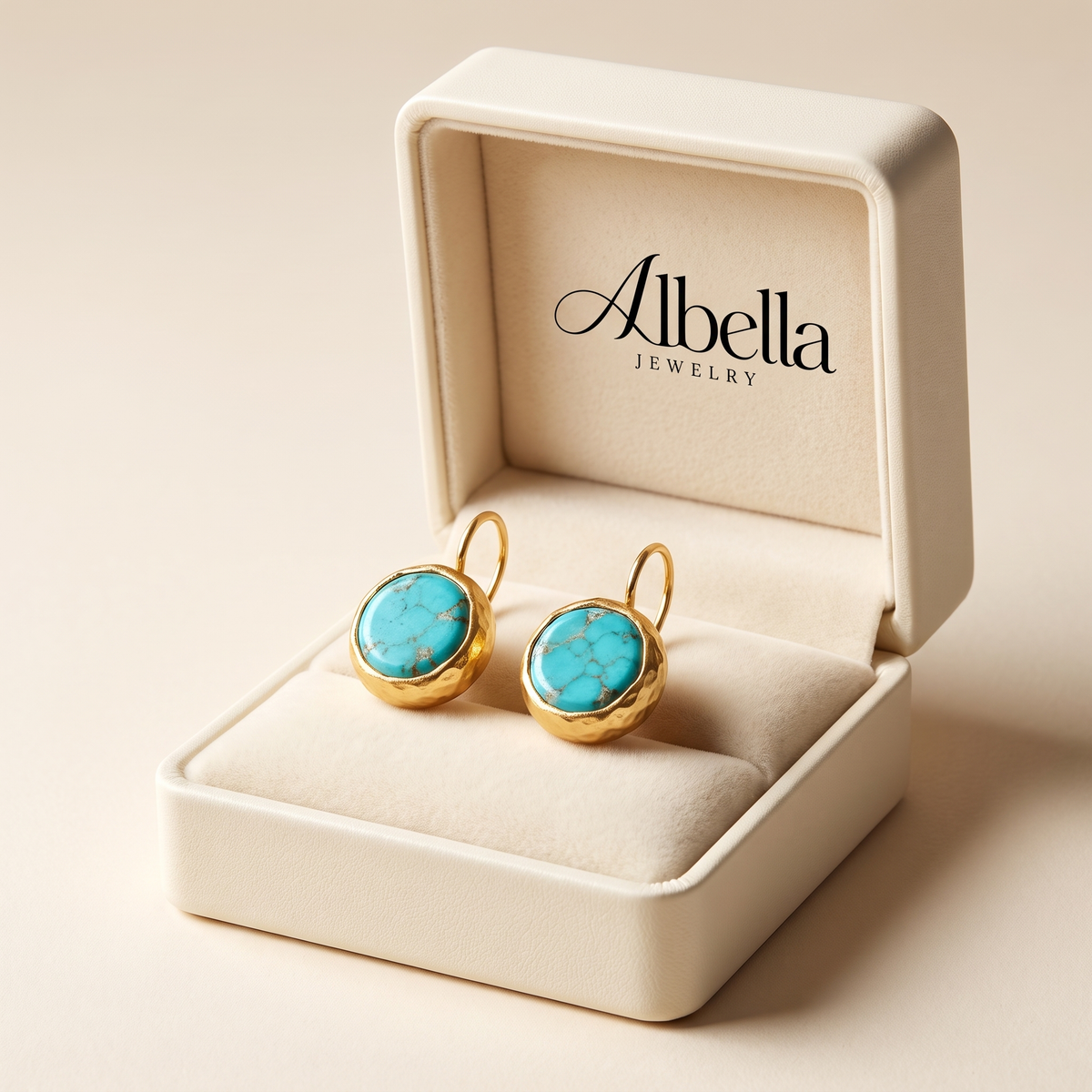 Elegant Gold Earrings with Turquoise Stone in Albella Jewelry gift box
