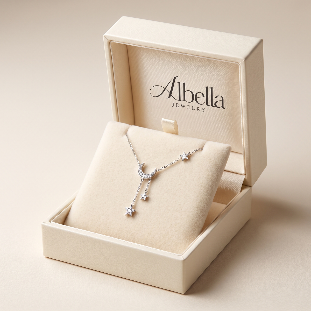Elegant Silver Moon and Star Necklace in Albella Jewelry gift box