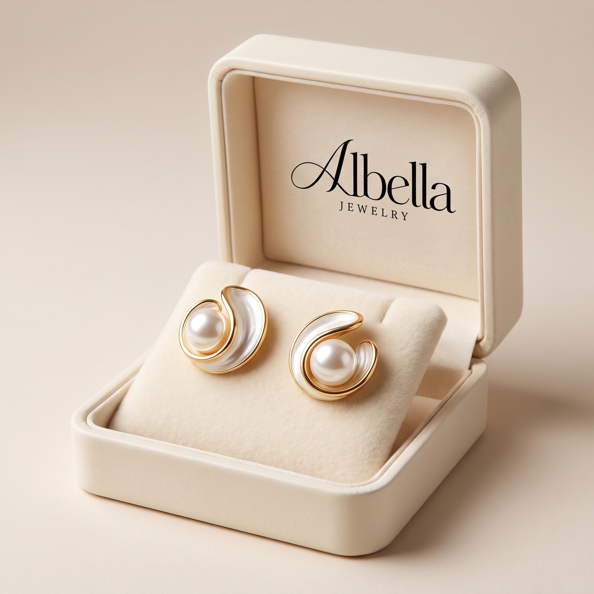 Gold Stud Earrings with Pearl and White Enamel in Albella Jewelry gift box