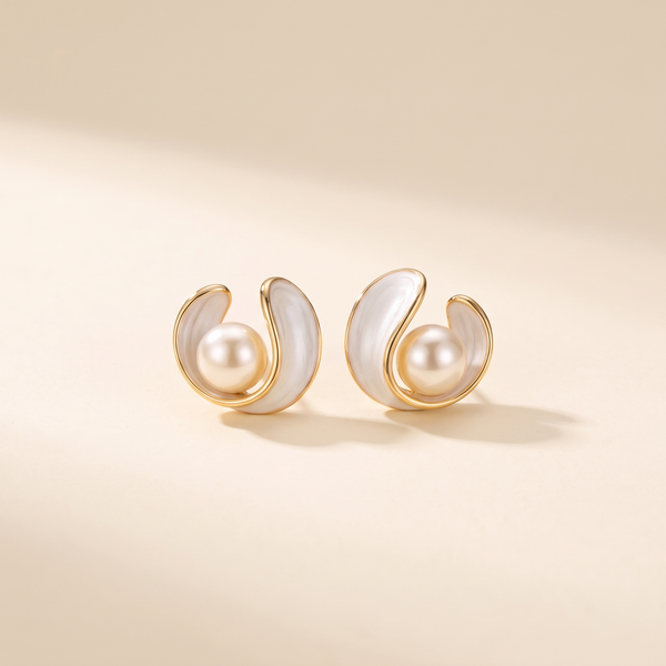 Gold Stud Earrings with Pearl and White Enamel – Albella Jewelry