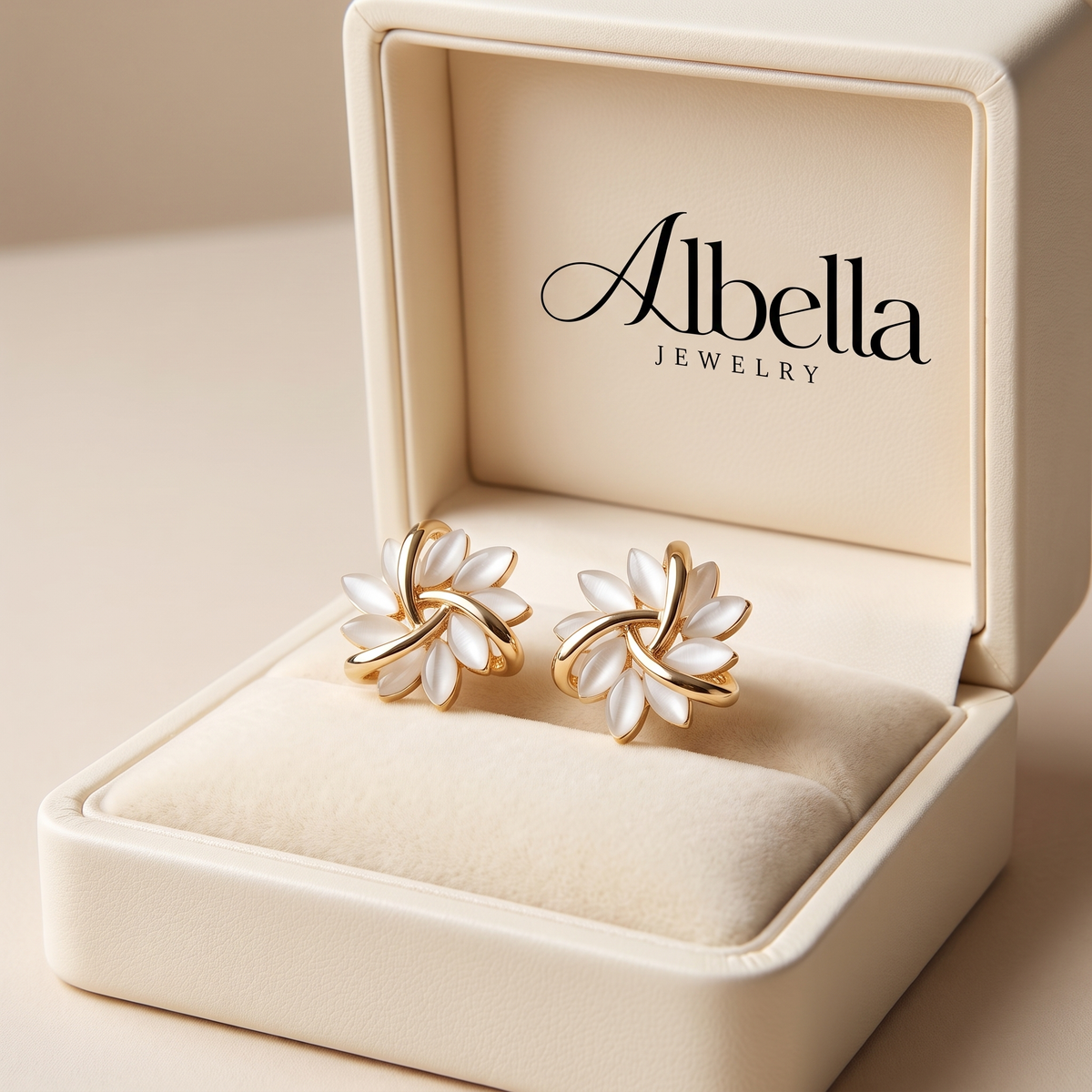 Gold Leaf Stud Earrings with White Opal in Albella Jewelry gift box
