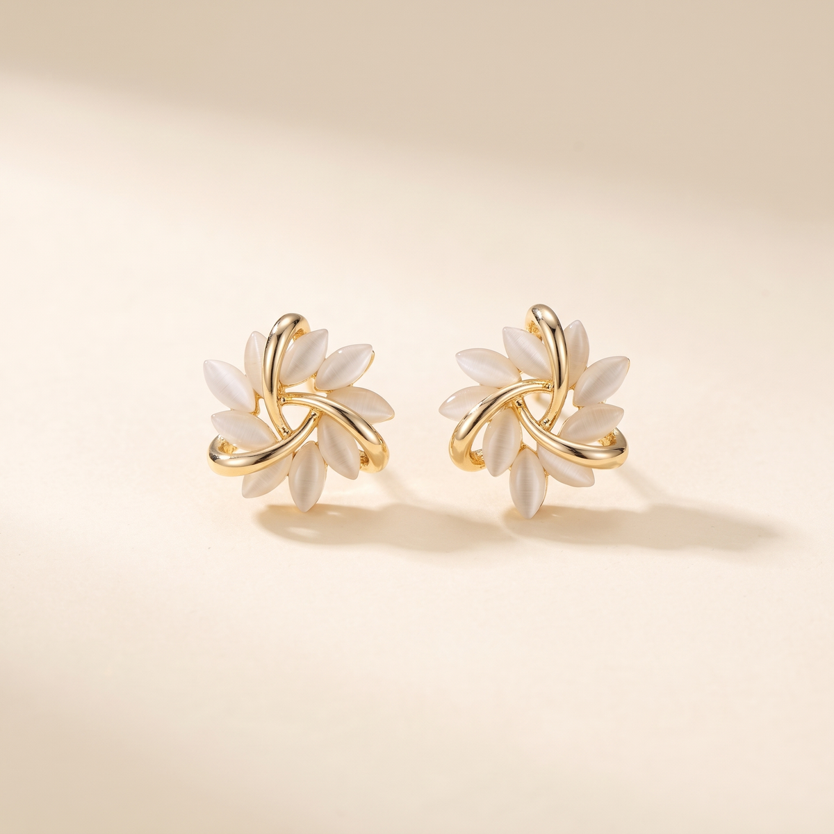 Gold Leaf Stud Earrings with White Opal – Albella Jewelry