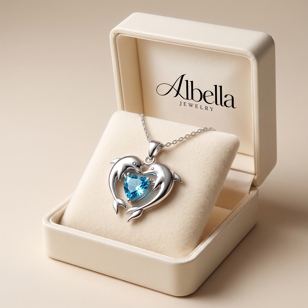 Timeless Silver Necklace with Double Opal Dolphin in Albella Jewelry gift box