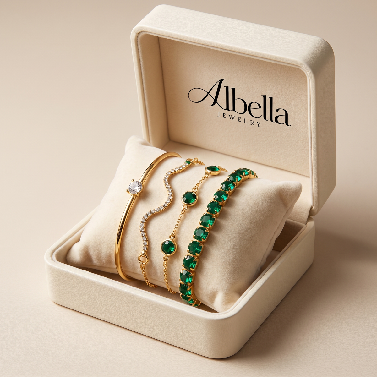 Vintage Green Zircon Bracelet Set in Albella Jewelry gift box