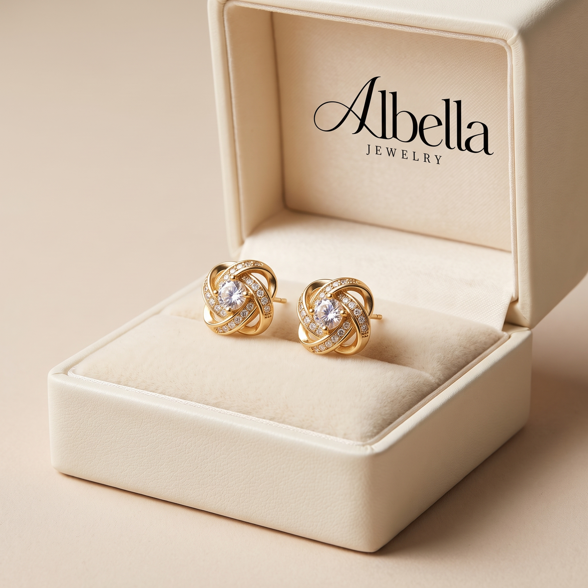 Gold Spiral Floral Stud Earrings with Crystal in Albella Jewelry gift box