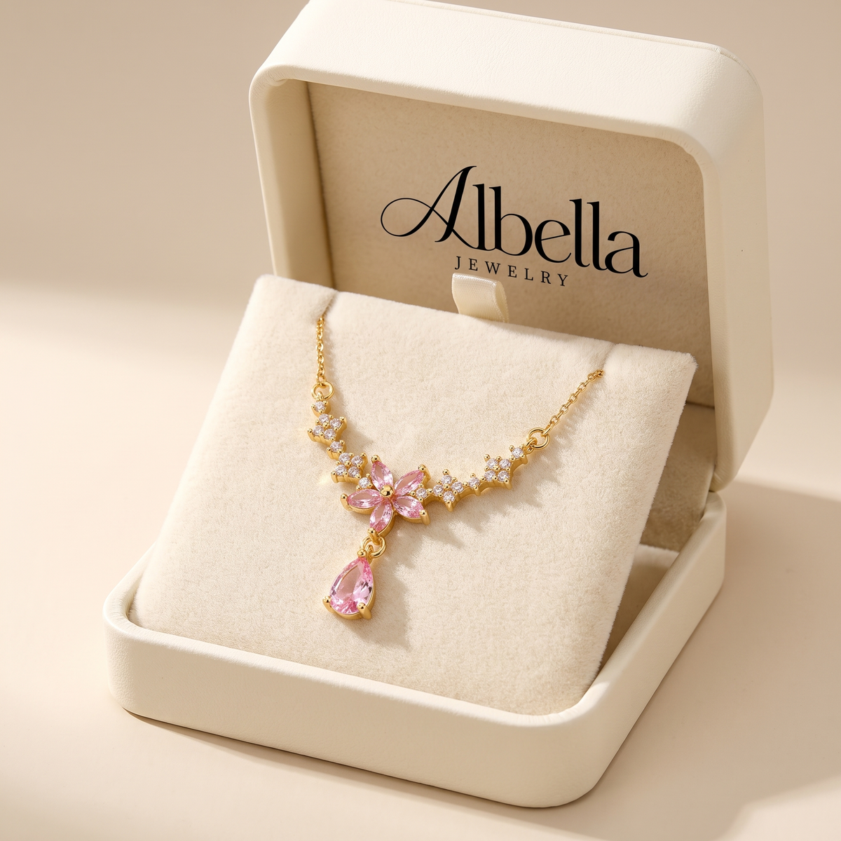 Pink Crystal Flower Drop Necklace in Albella Jewelry gift box