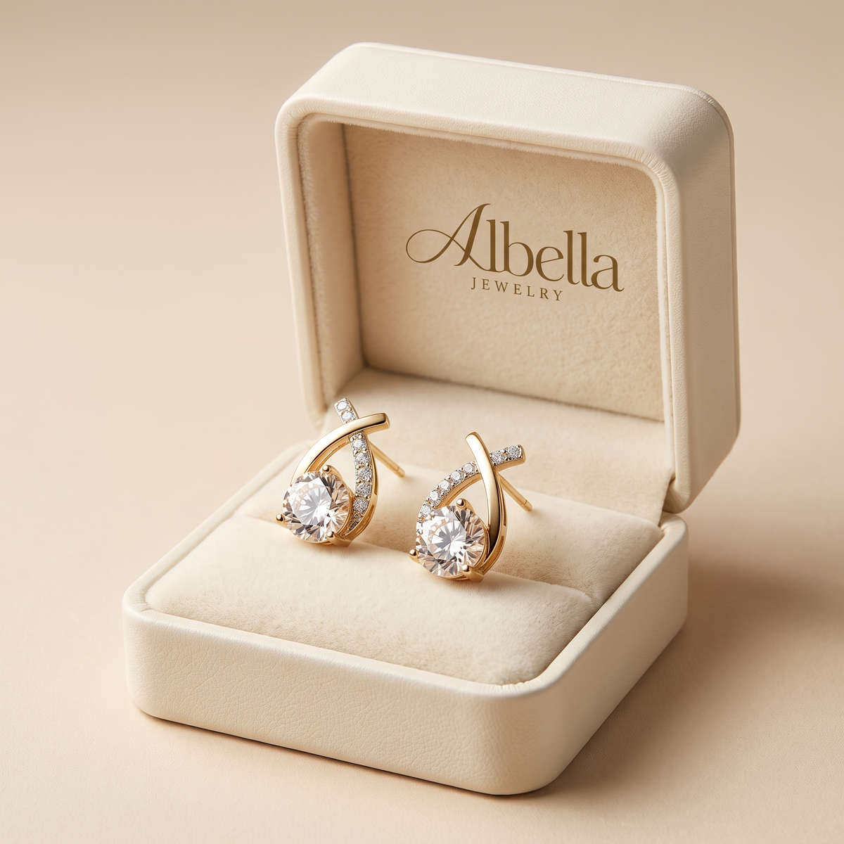 Gold Cross Stud Earrings with Zirconia in Albella Jewelry gift box