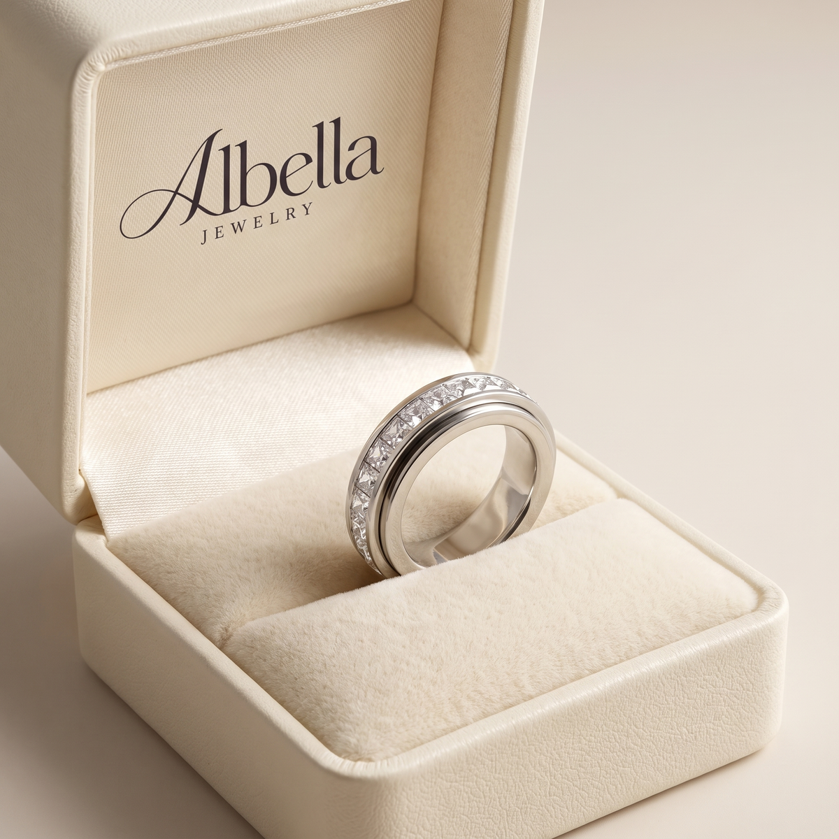 Silver Square Crystal Spinner Ring in Albella Jewelry gift box