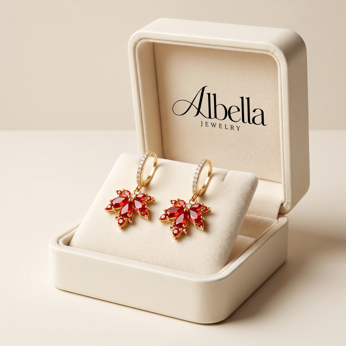 Dazzling Red Crystal Maple Earrings in Albella Jewelry gift box