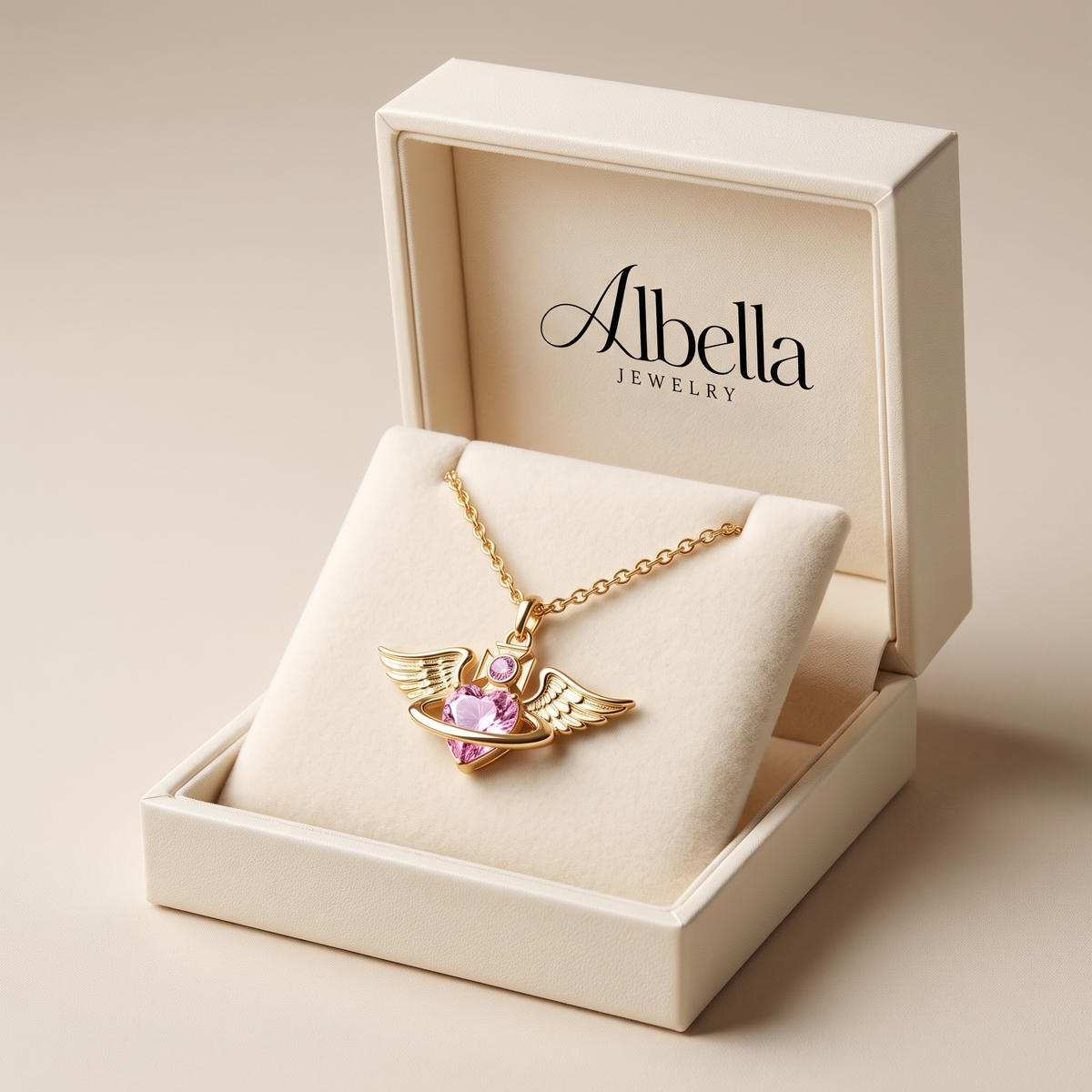 Winged Heart Crystal Orb Necklace in Albella Jewelry gift box