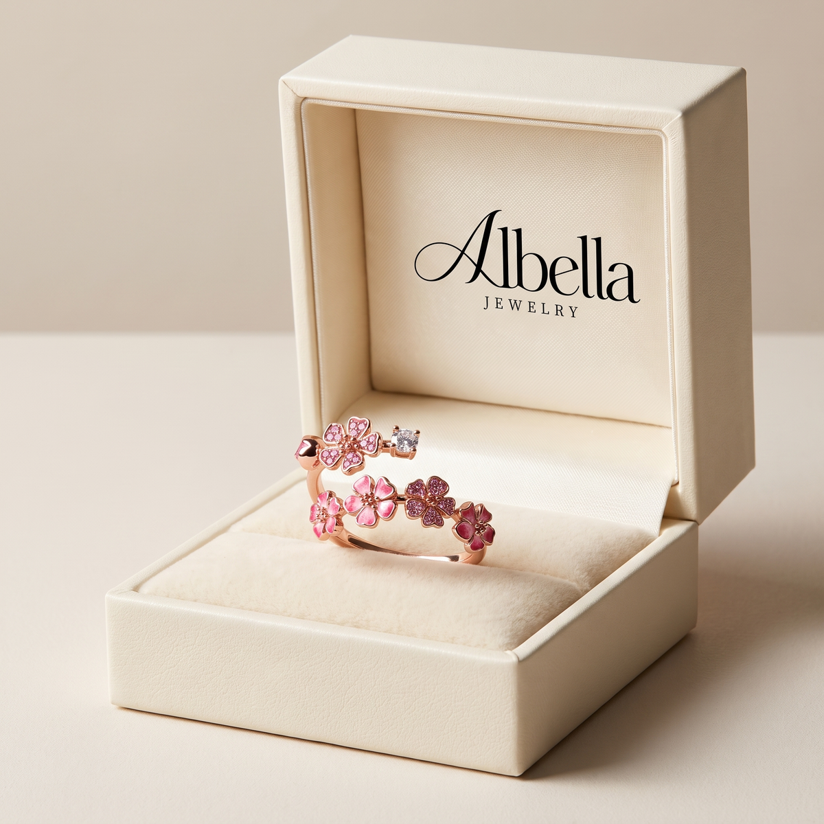 Rose Gold Peach Blossom Ring in Albella Jewelry gift box