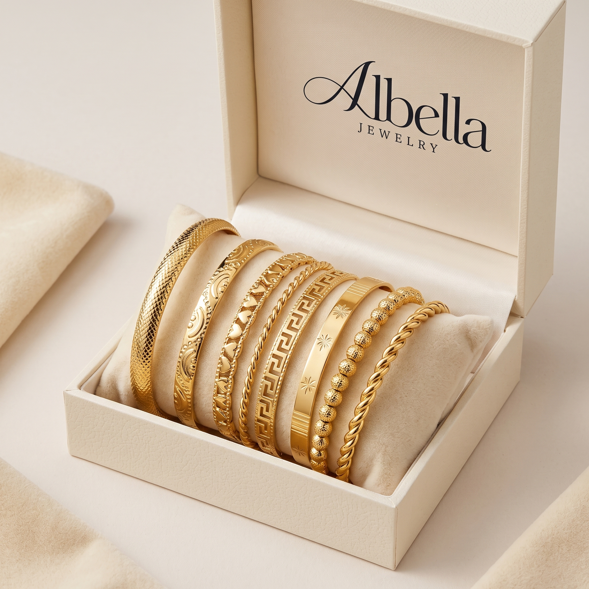 Gold Open Bangle Resort Bracelet Set in Albella Jewelry gift box