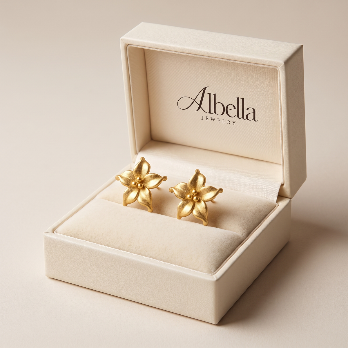 Whimsical Gold Lily Flower Studs in Albella Jewelry gift box