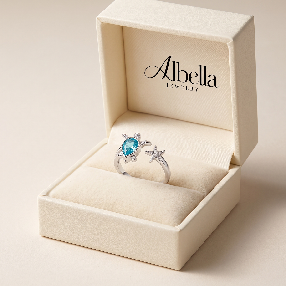 Blue Sea Turtle Starfish Stacking Ring in Albella Jewelry gift box