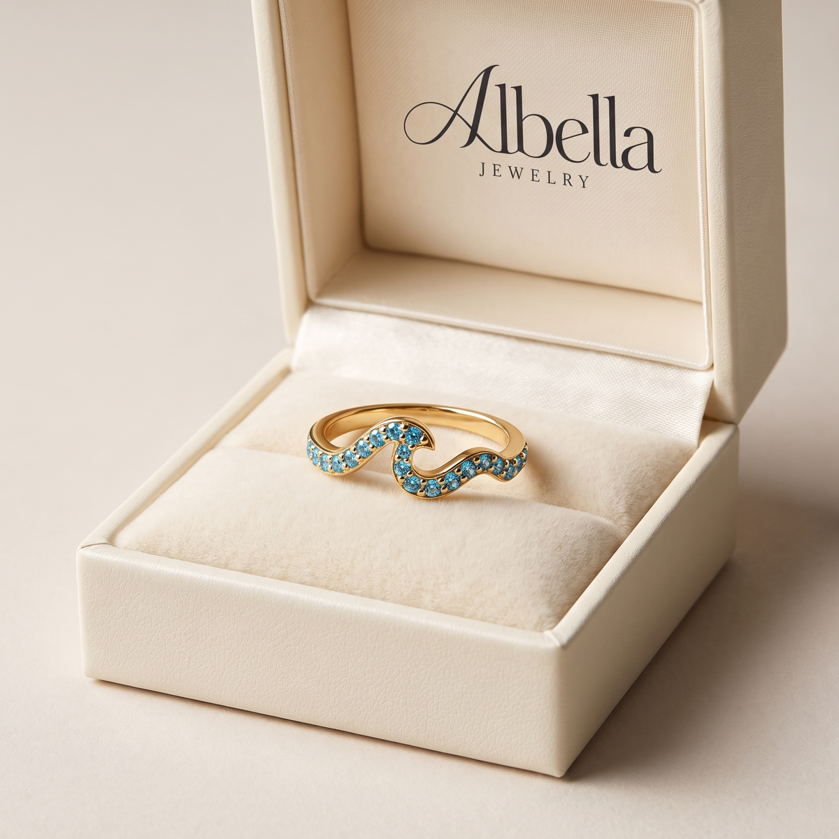 Blue Stone Ocean Wave Beach Ring in Albella Jewelry gift box