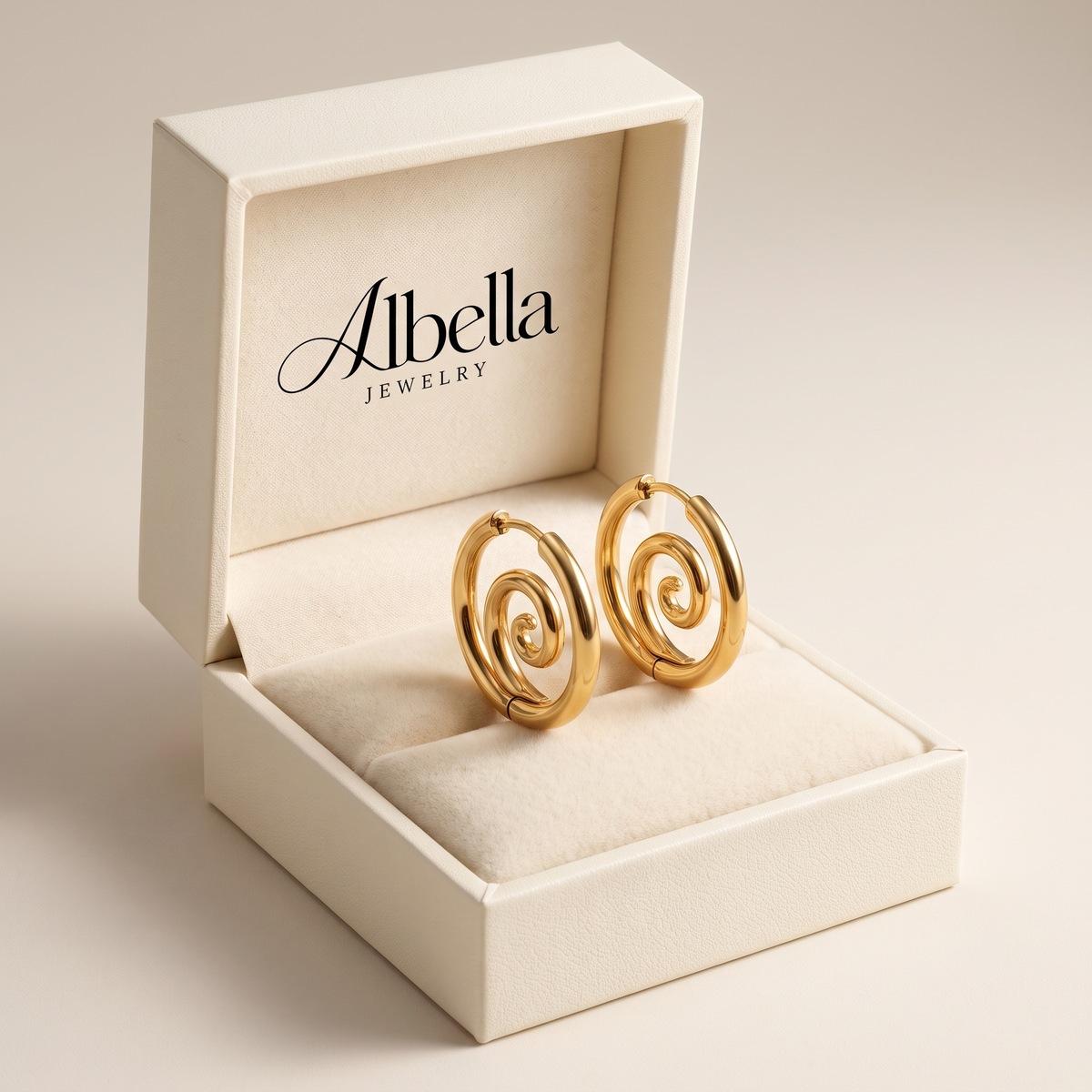 Modern Gold Twirl Spiral Hoops in Albella Jewelry gift box