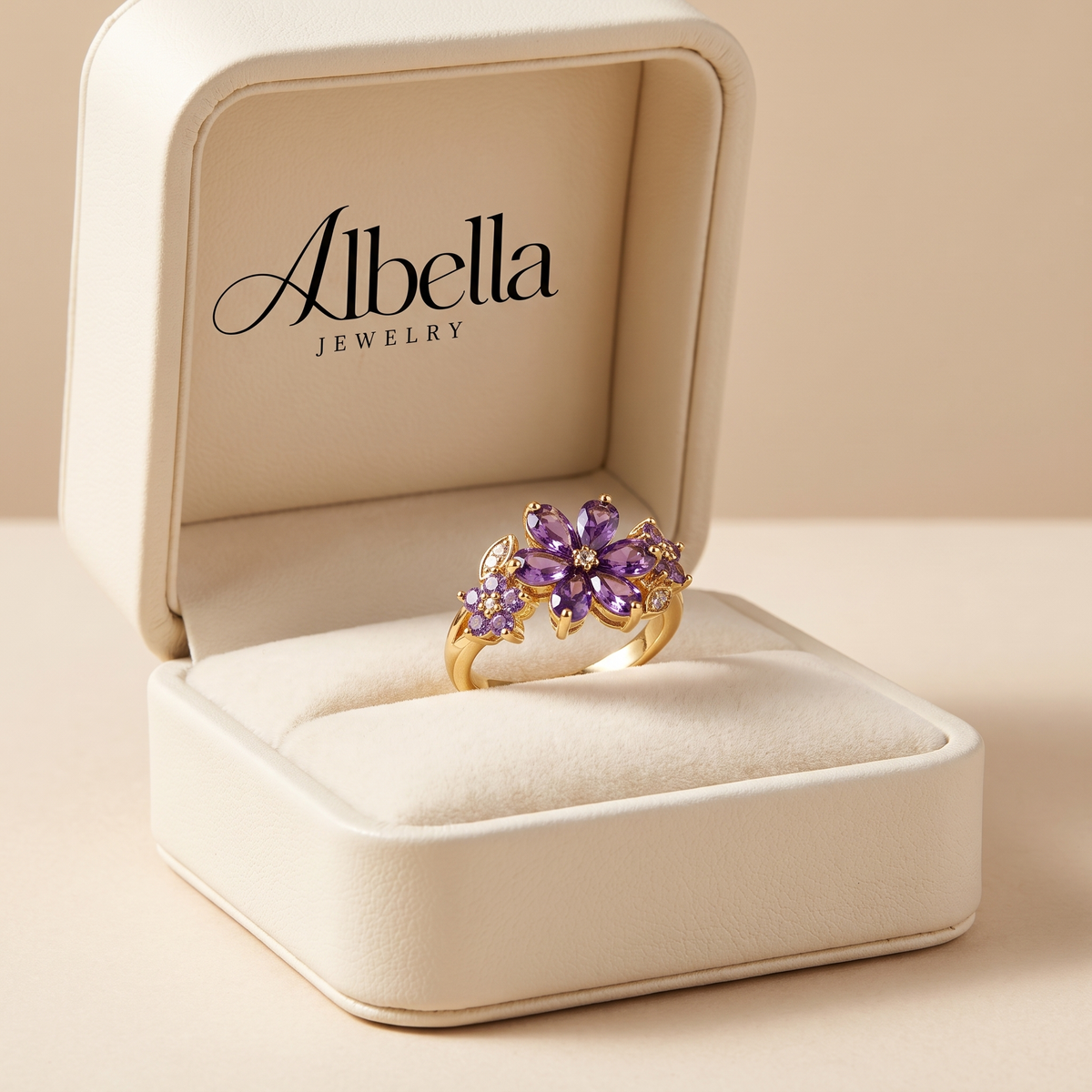 Marquise Amethyst Flower Blossom Ring in Albella Jewelry gift box