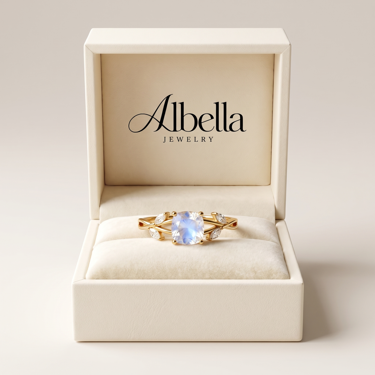 Moonstone Cushion Leaf Ring in Albella Jewelry gift box