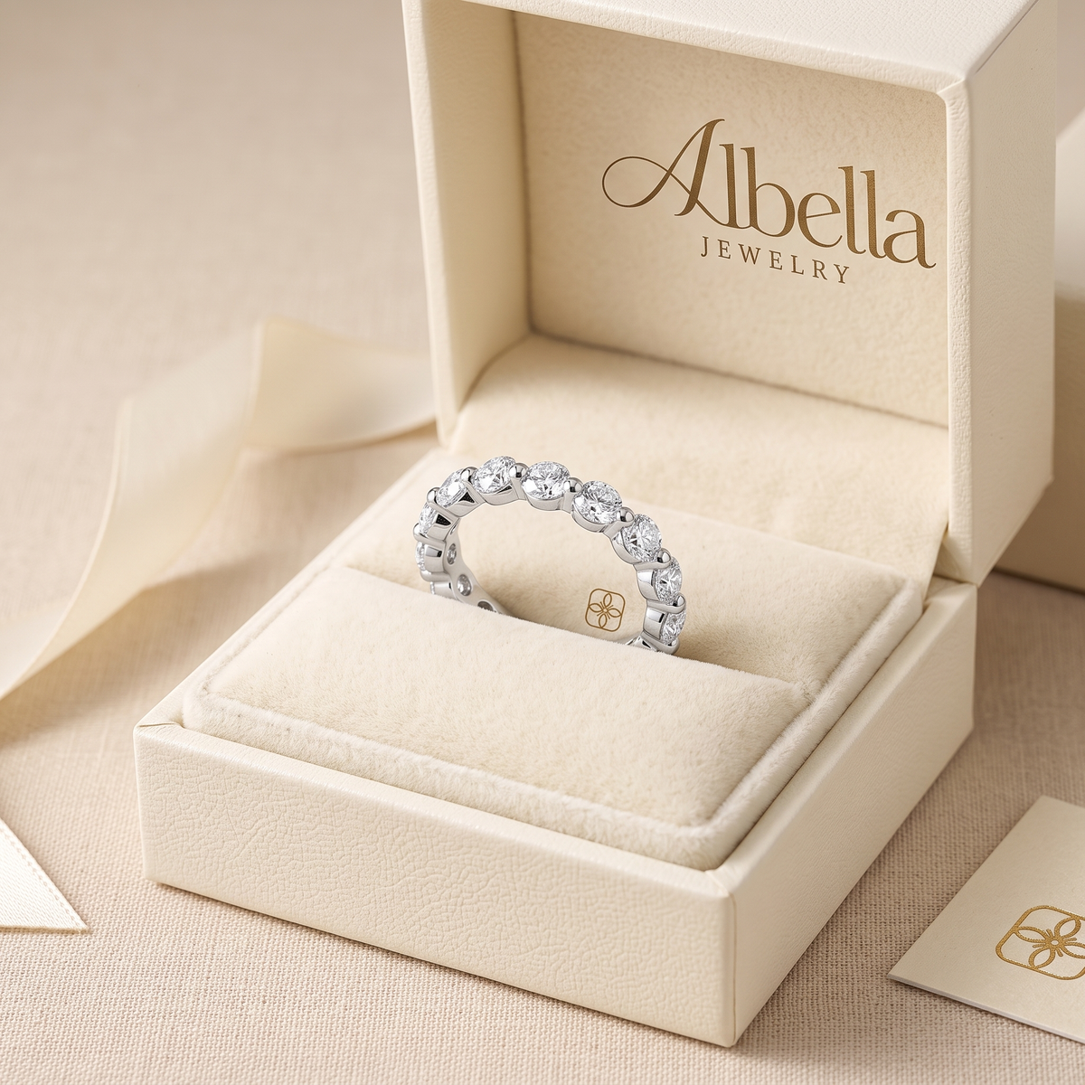 Chiesa Floating Shared Prong Diamond Band in Albella Jewelry gift box