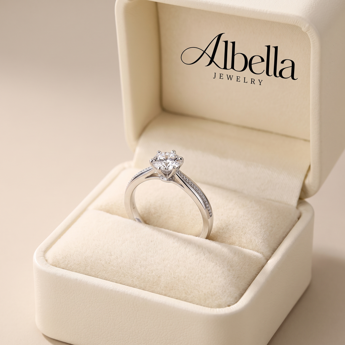 Elegant Classic Solitaire Ring in Albella Jewelry gift box