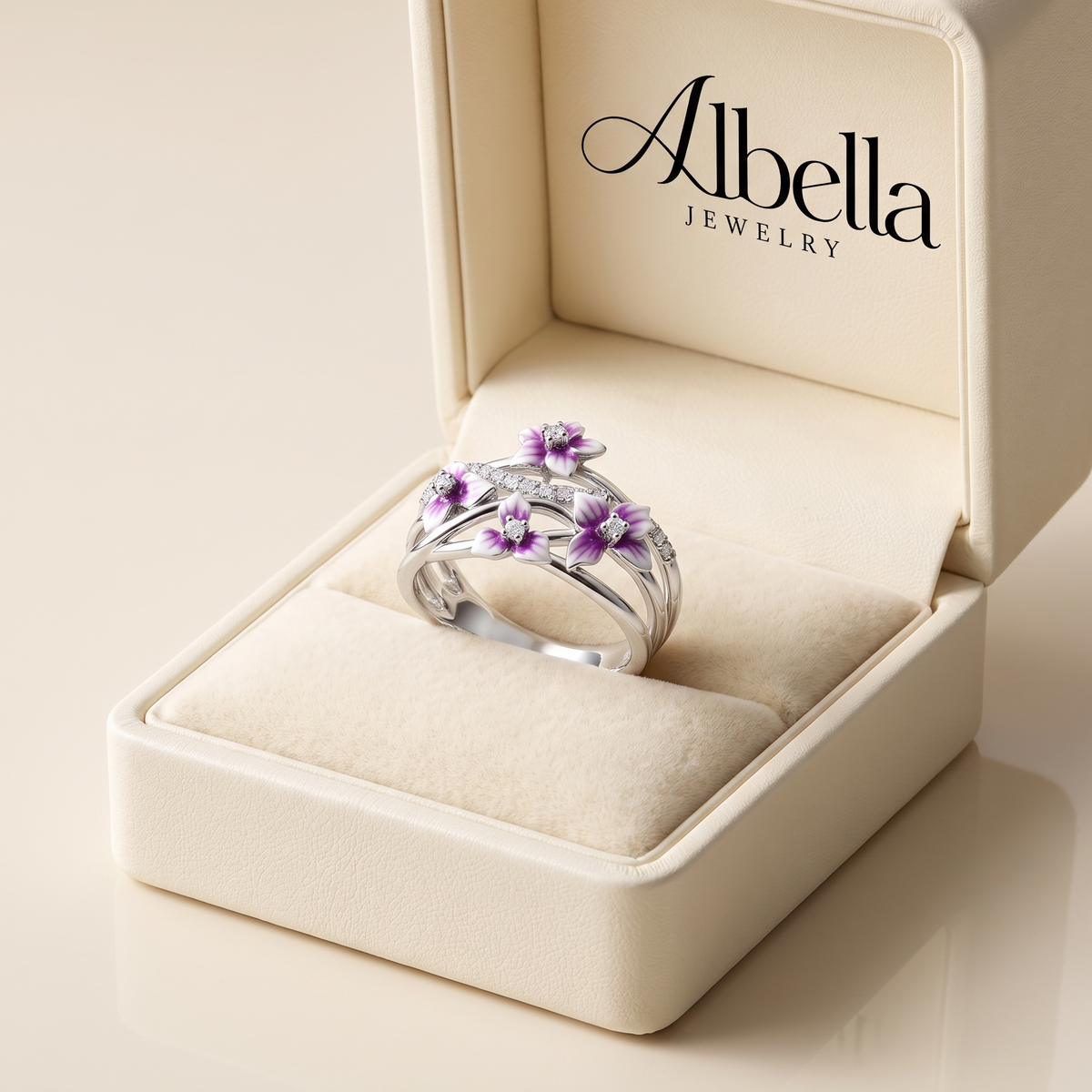 Elegant Purple Blossom Ring in Albella Jewelry gift box