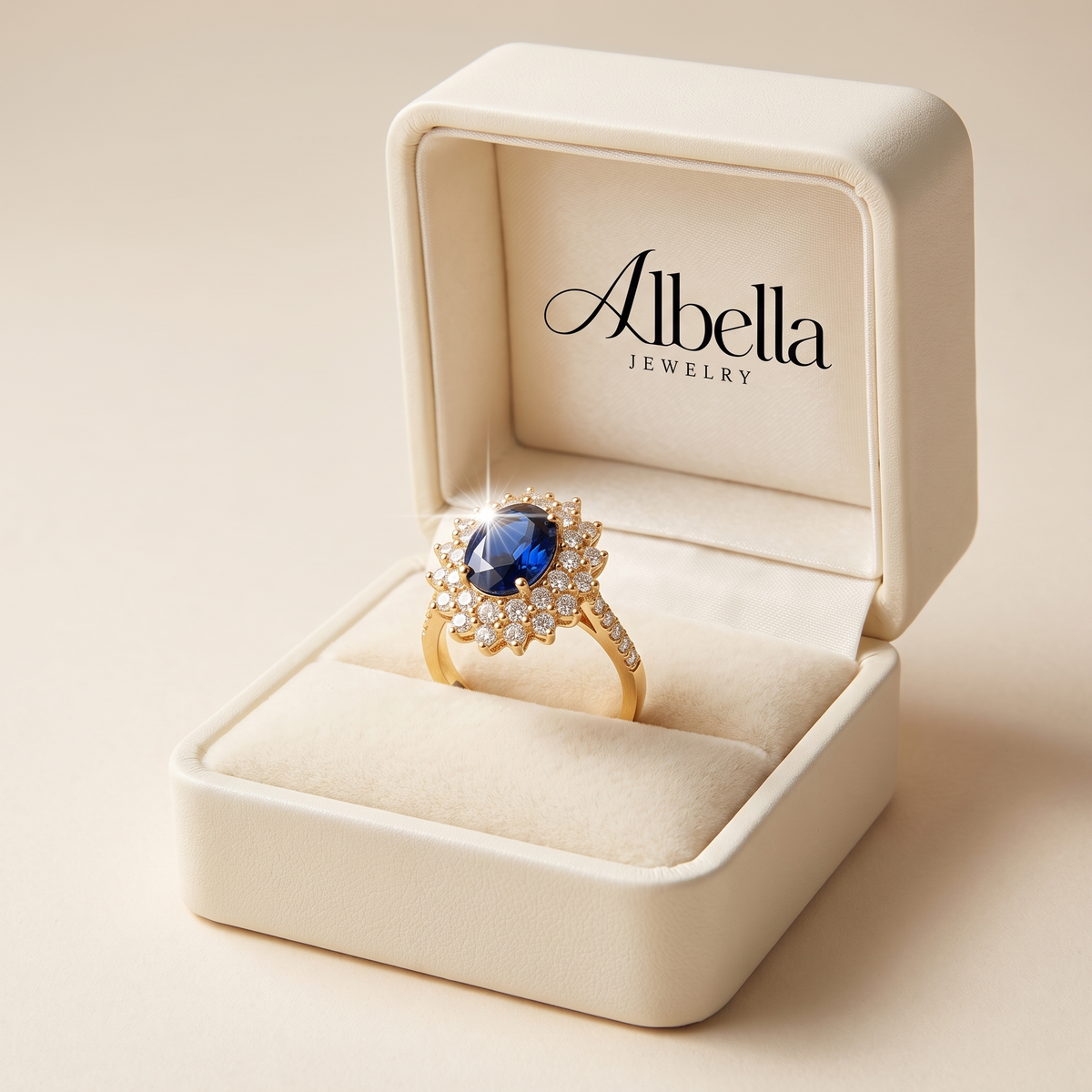 Elegant Sapphire Halo Ring in Albella Jewelry gift box