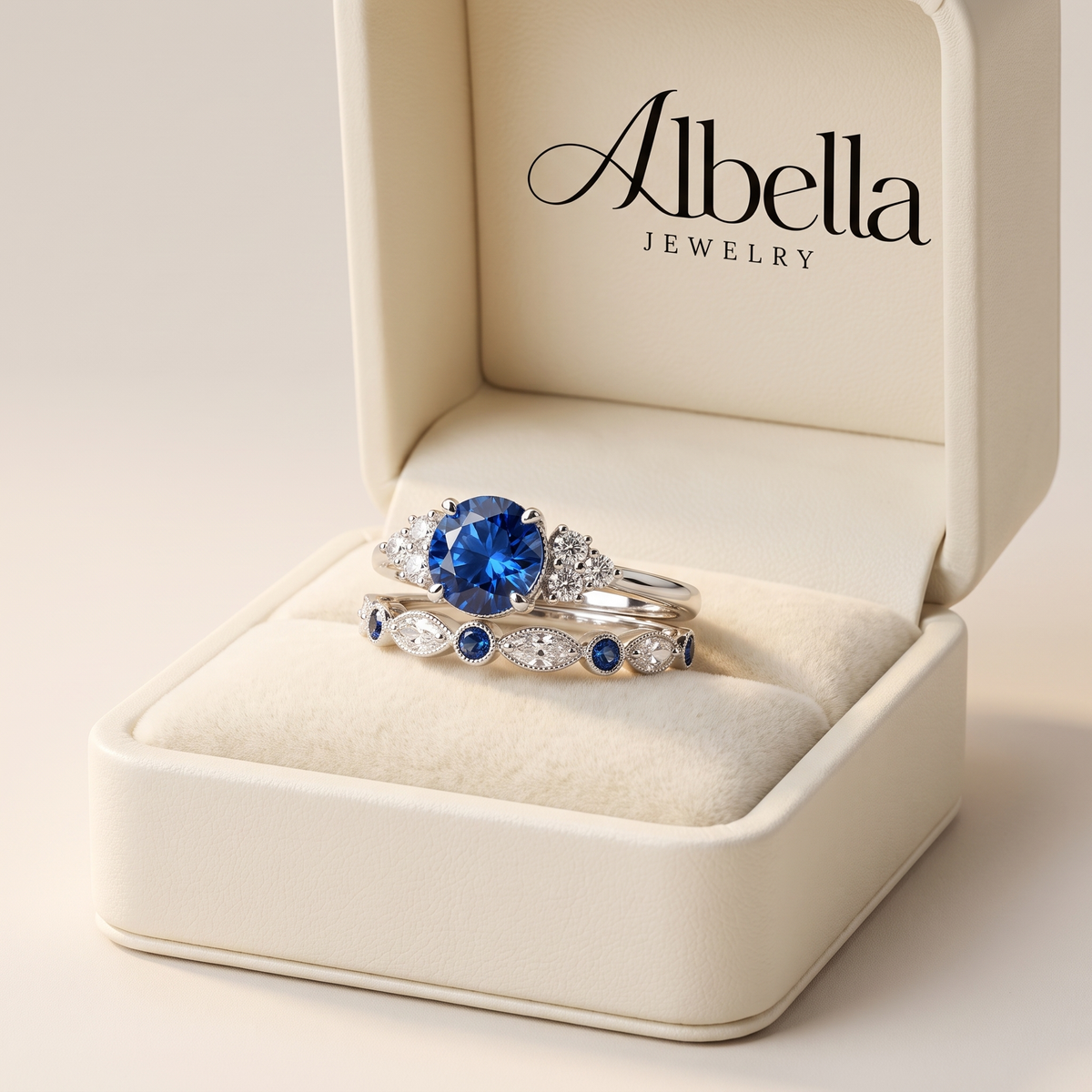 Elegant Sapphire Halo Ring in Albella Jewelry gift box