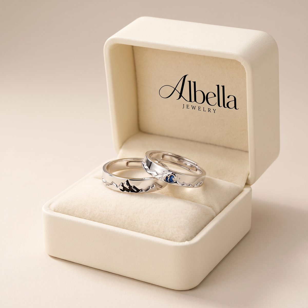 Mountain Ocean Couple Matching Band Ring in Albella Jewelry gift box