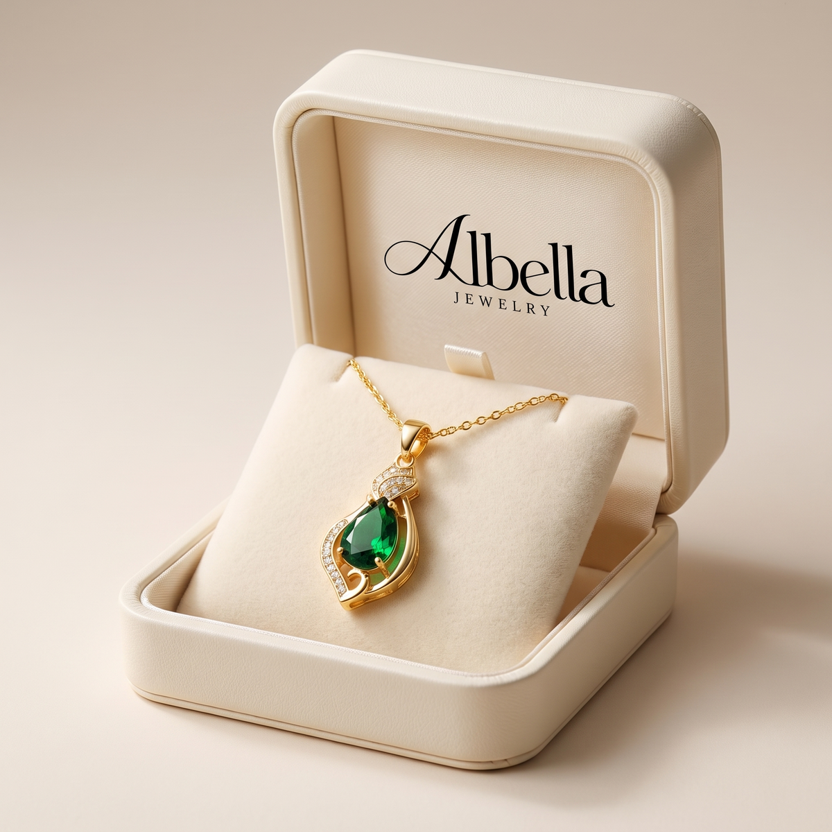 Elegant Emerald Teardrop Necklace in Albella Jewelry gift box
