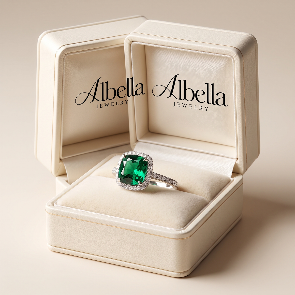 Elegant Emerald Cushion Halo Ring in Albella Jewelry gift box