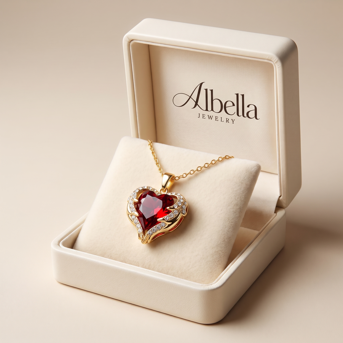 Elegant Ruby Heart Necklace in Albella Jewelry gift box