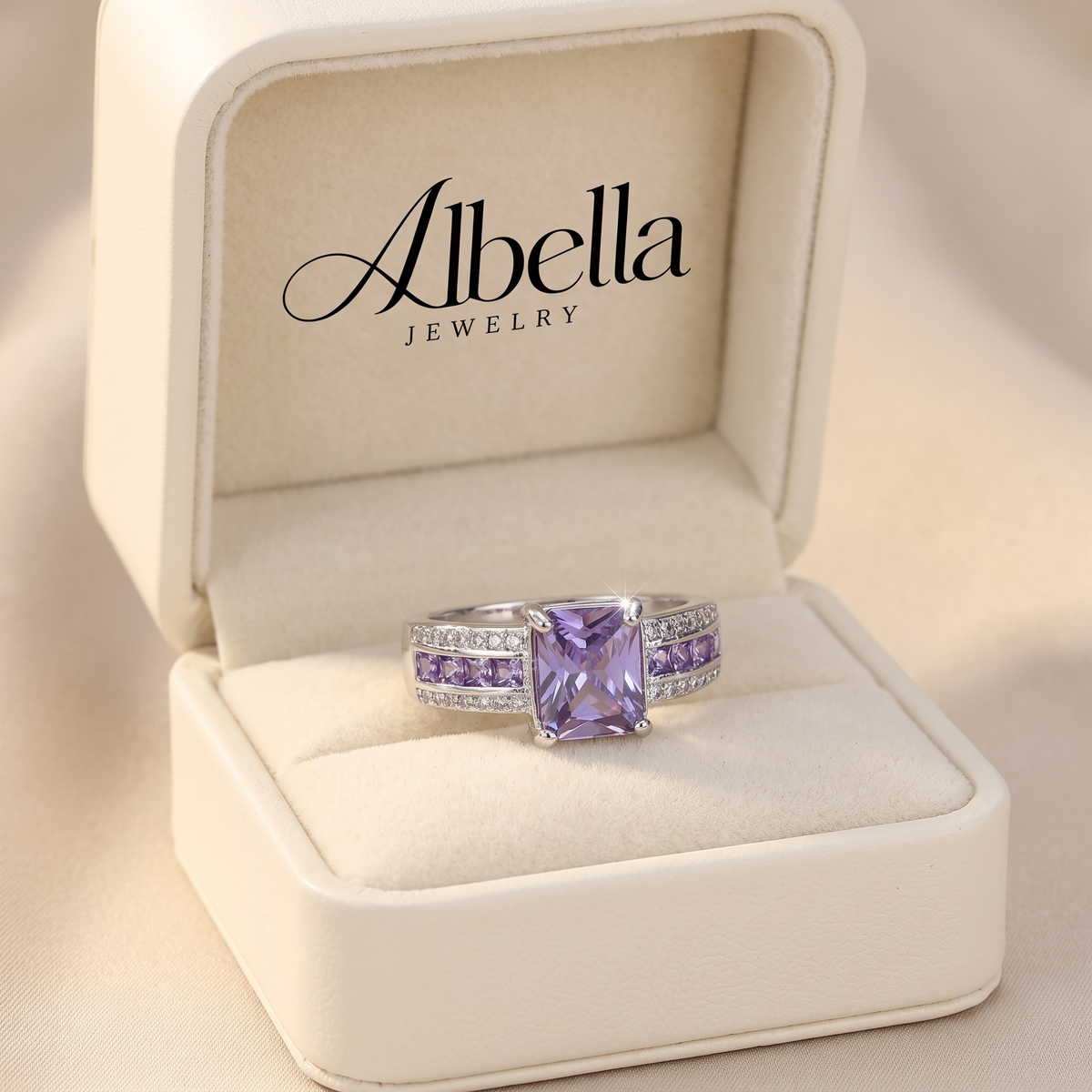 Elegant Amethyst Channel Ring in Albella Jewelry gift box