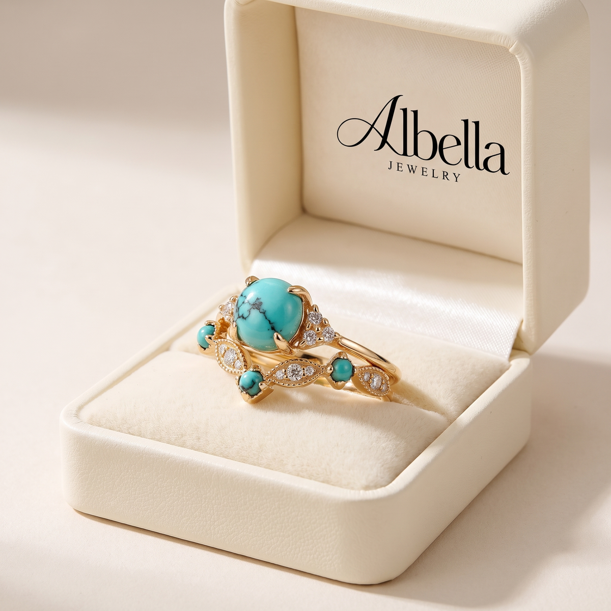 Aureva Turquoise Crown Gold Ring Set in Albella Jewelry gift box