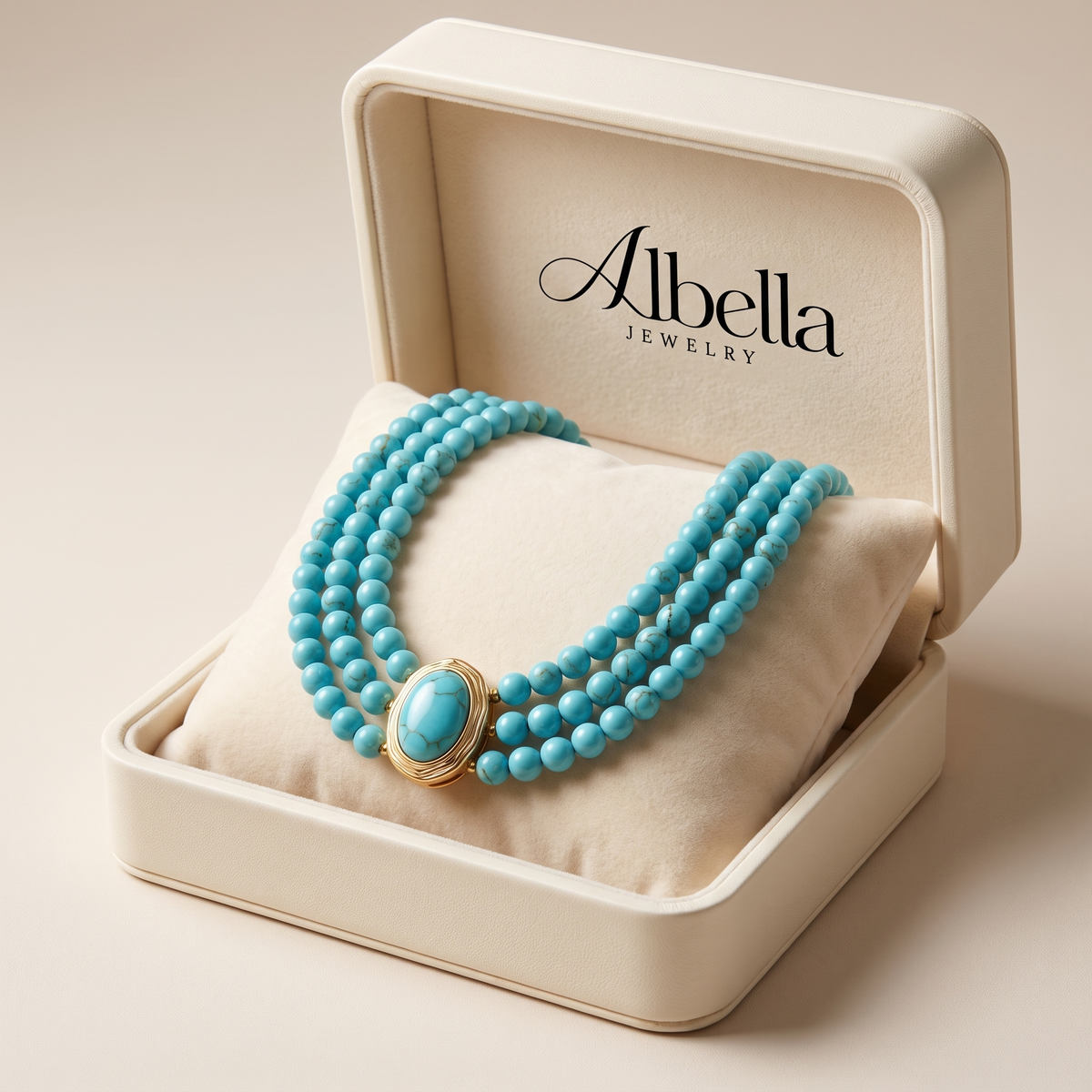 Elegant Vintage Turquoise Beaded Necklace in Albella Jewelry gift box