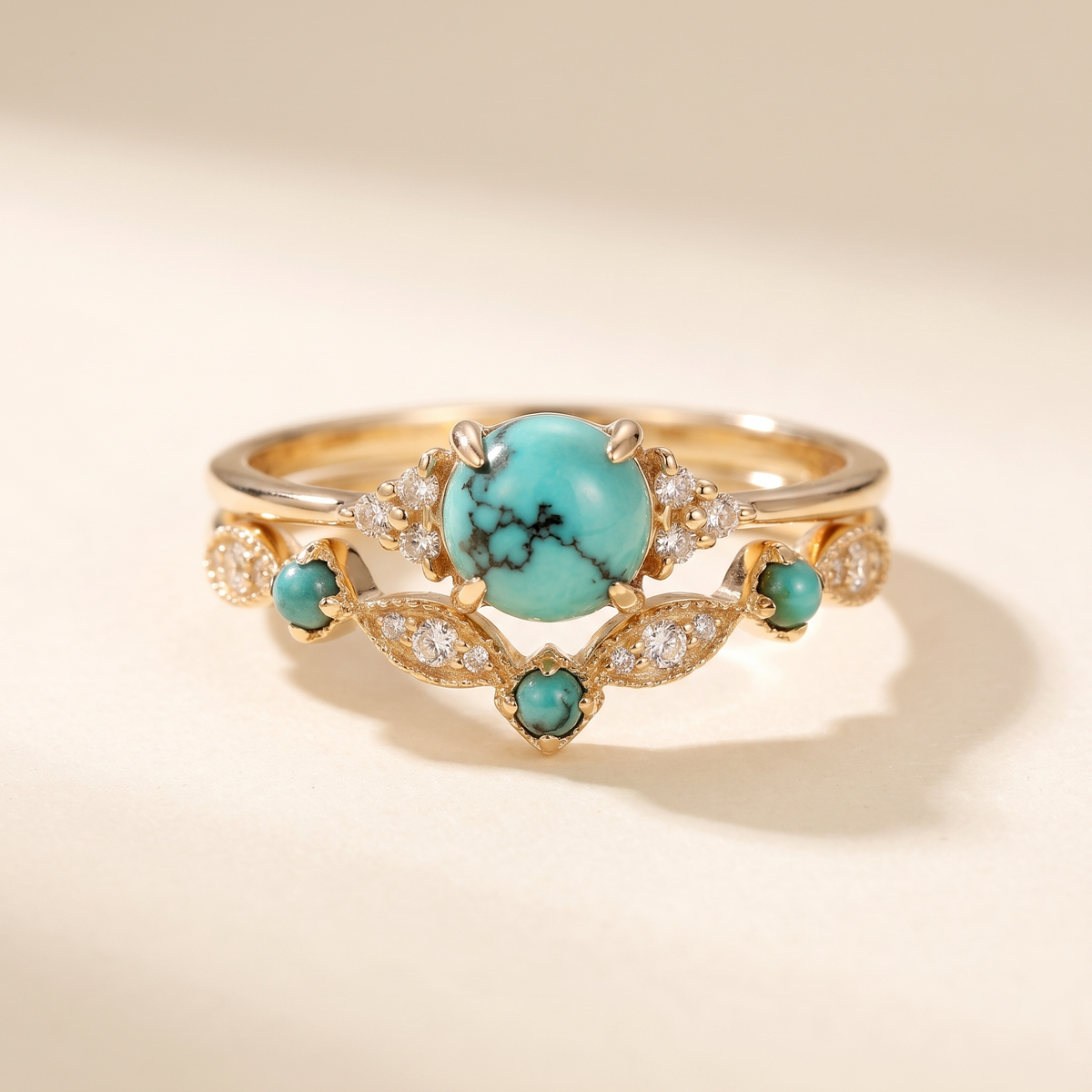 Aureva Turquoise Crown Gold Ring Set – Albella Jewelry