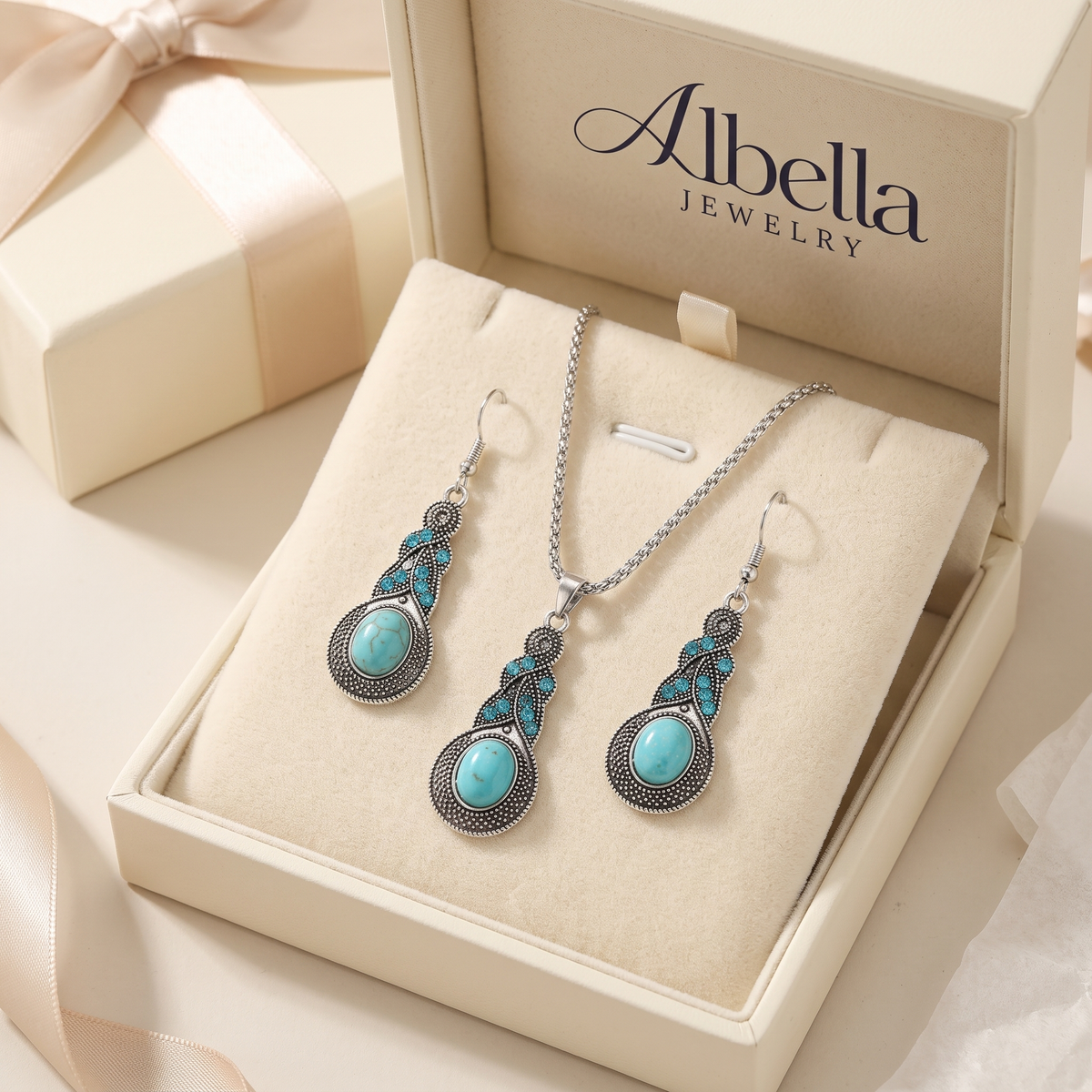 Vintage Turquoise Stones Jewellery Set in Albella Jewelry gift box