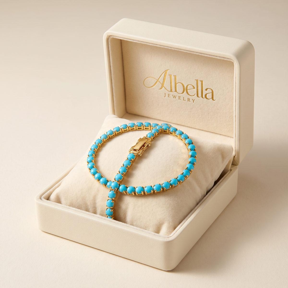 Turquoise Round Tennis Gold Bracelet in Albella Jewelry gift box