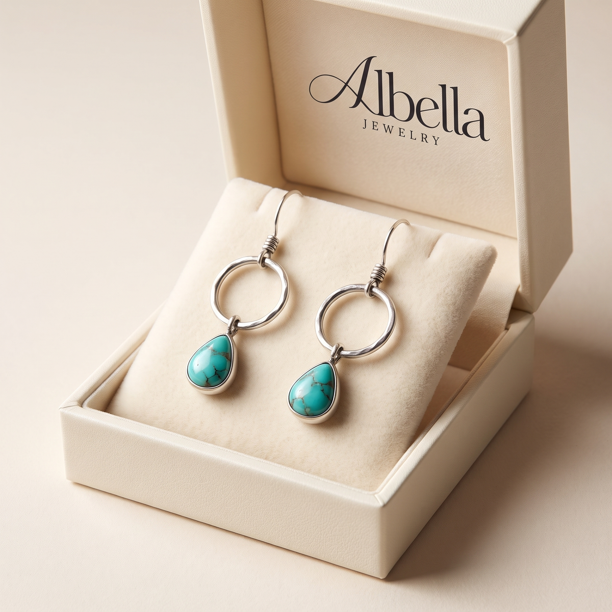 Turquoise Stone Earrings in Vintage Silver in Albella Jewelry gift box