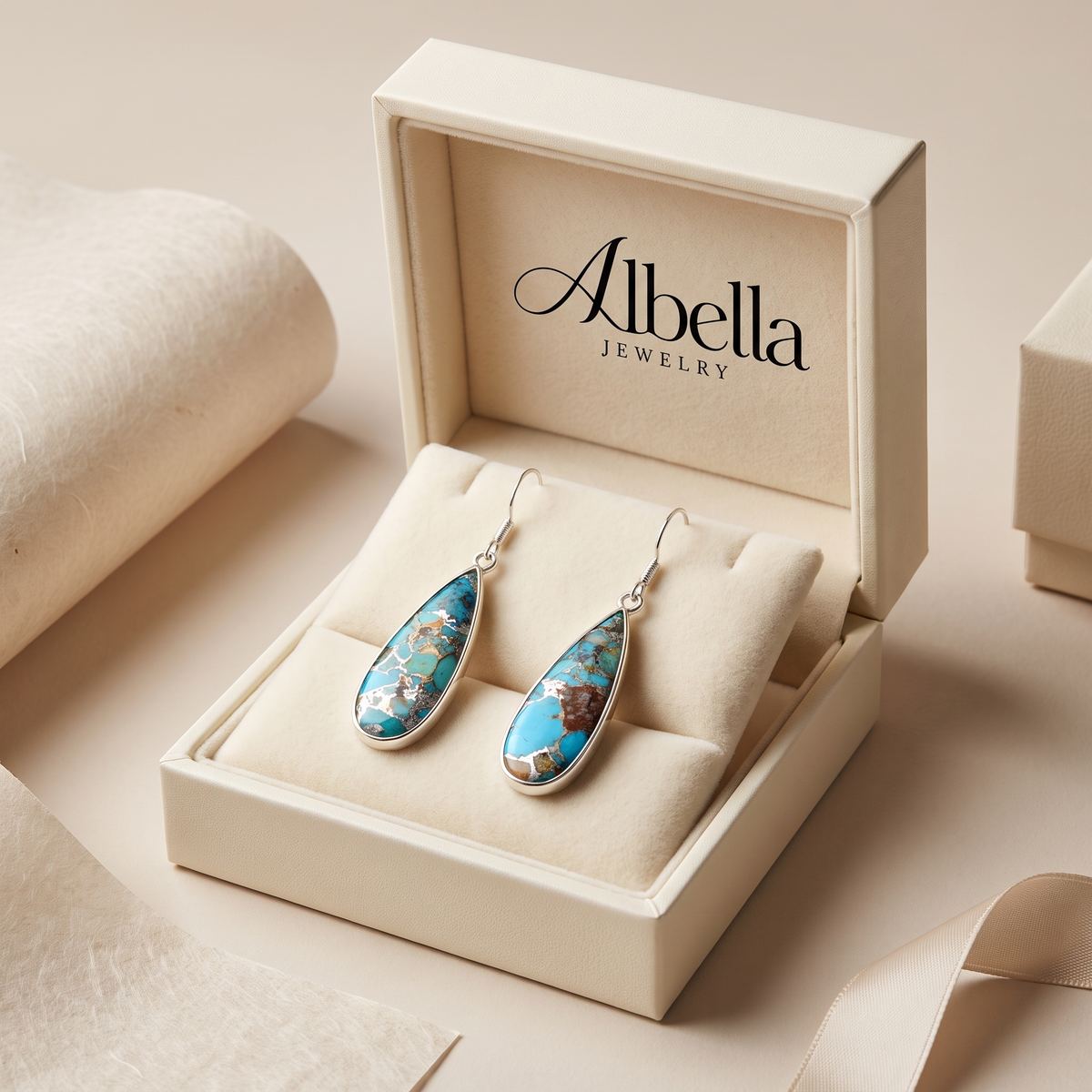 Chic Turquoise Jasper Teardrop Earrings in Albella Jewelry gift box