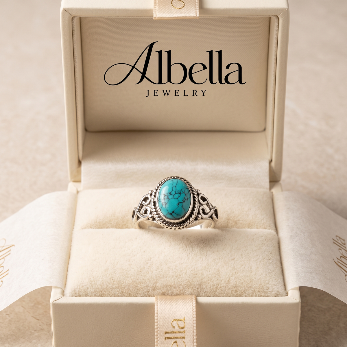Timeless Silver Oval Turquoise Ring in Albella Jewelry gift box
