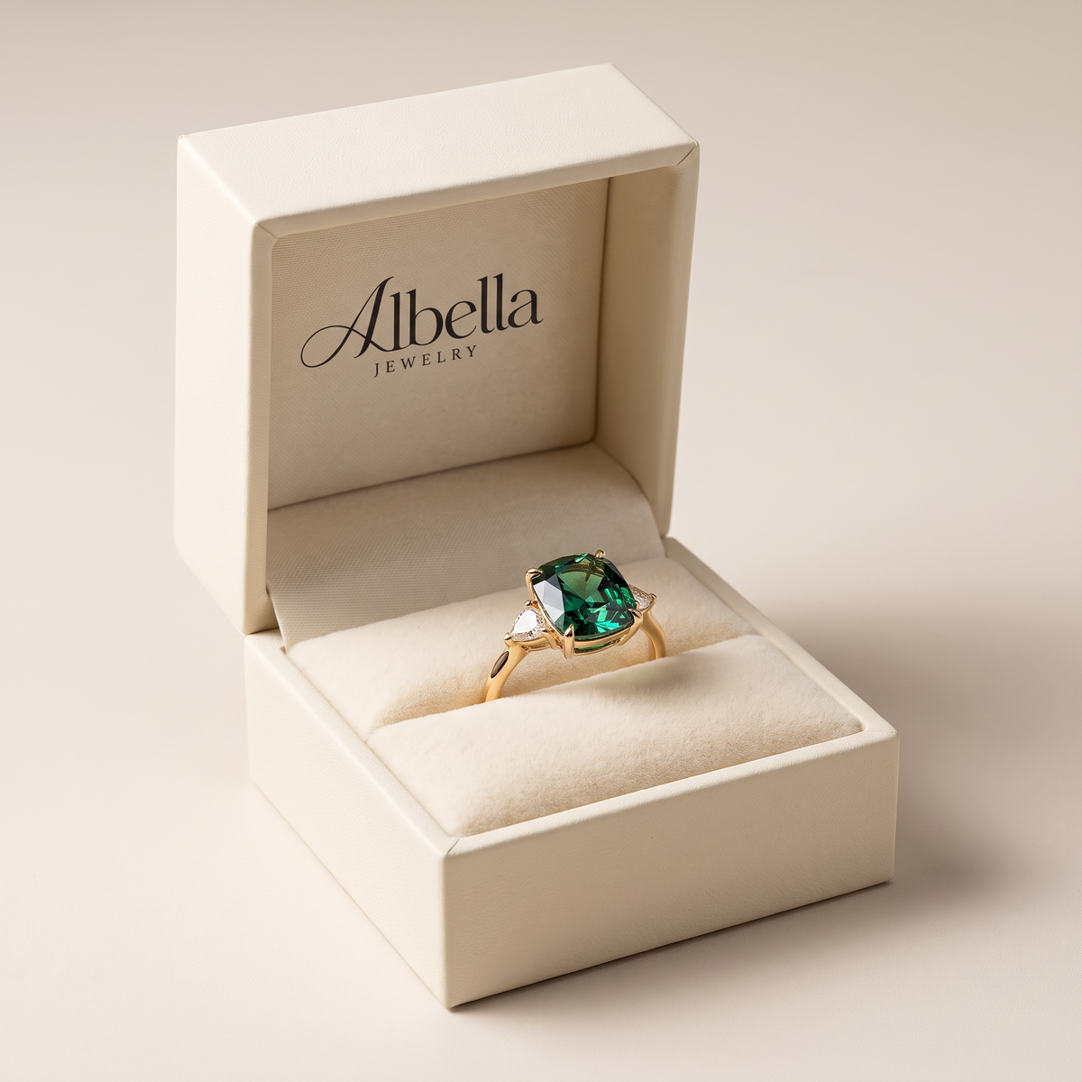 Vintage-Inspired Green Gemstone Gold Ring in Albella Jewelry gift box