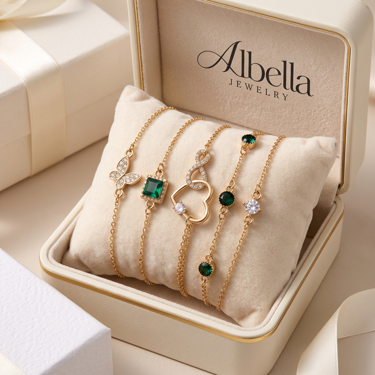 Hallow Heart Green Crystal Stone Bracelet Set in Albella Jewelry gift box