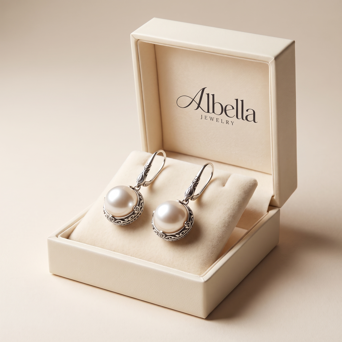 Vintage Inlaid Silver Pearl Earrings in Albella Jewelry gift box