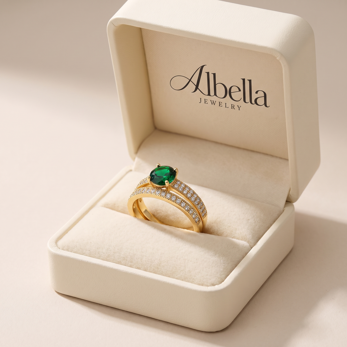 Serena Emerald Duo Ring Set in Albella Jewelry gift box