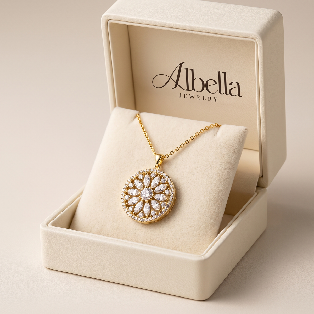Lavish Sunflower Zirconia Necklace in Albella Jewelry gift box
